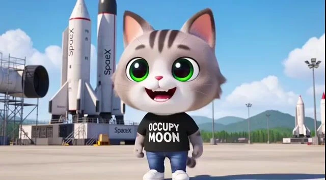 3D рендер чиби-кошачьего маскота-гуманоида на стартовой площадке SpaceX