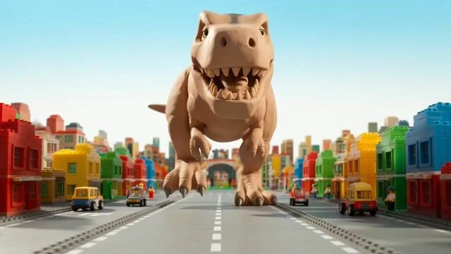 Кинематографическая пластилиновая анимация Ти-Рекса, топчущего LEGO-город