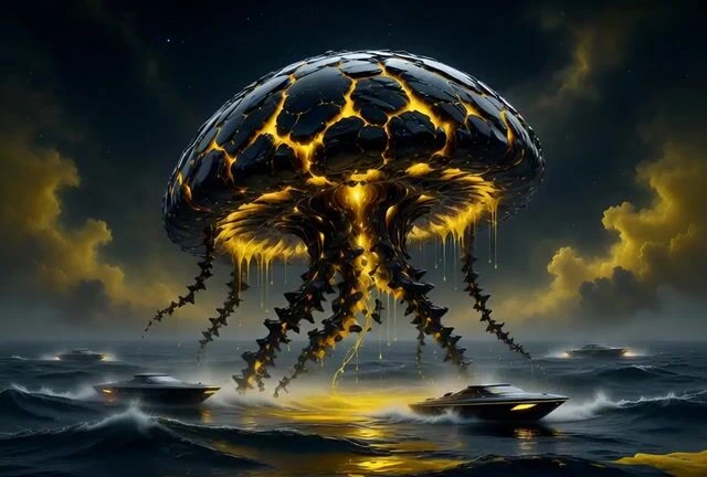 Кинематографичная ночная сцена с гигантской биолюминесцентной медузой