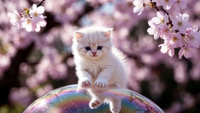 Милый котёнок на мыльном пузыре