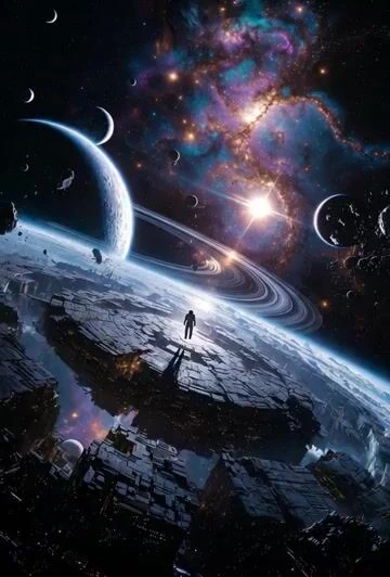 Эпическая sci-fi сцена на инопланетной мегаструктуре со смешанными стилями