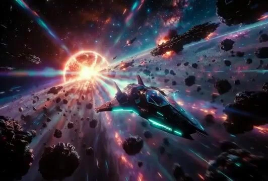 Промпт видео: Воздушный бой звёздных истребителей будущего