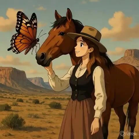 Ghibli-style вестерн: женщина и бабочка