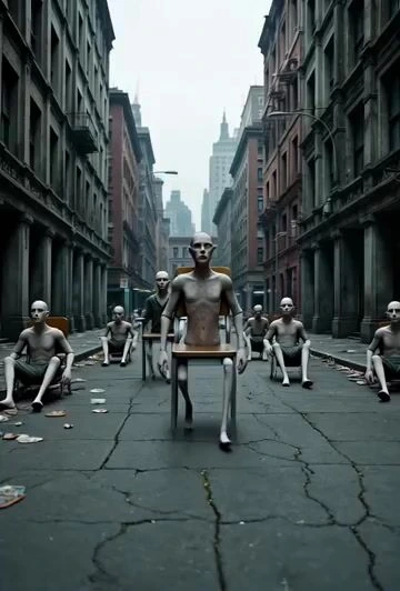 Промпт Grok Imagine: дистопия живых стульев