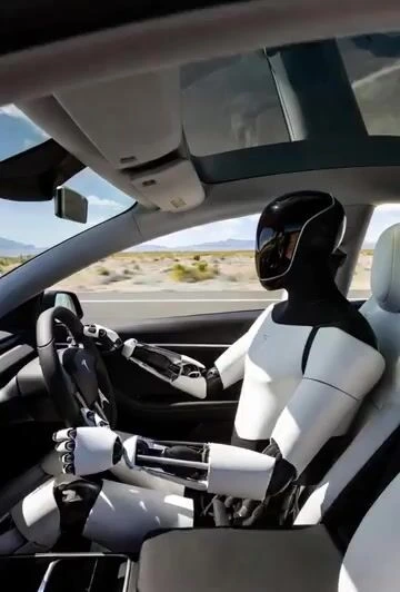 Промпт: Tesla Optimus за рулём в пустыне