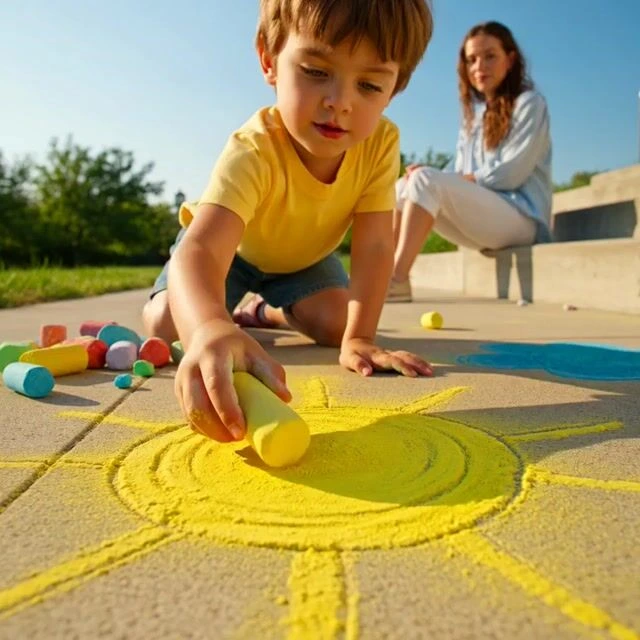 Промпт Grok Imagine: Ребенок, рисующий мелом на тротуаре