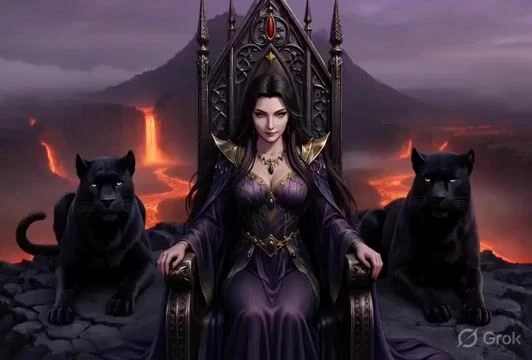 Промпт Grok Imagine для видео: Королева в стиле Конана на тронном месте над вулканом