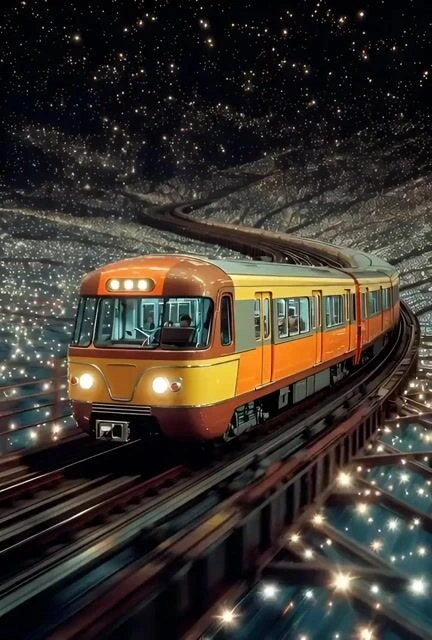 Кинематографический промпт с поездом в звёздном поле