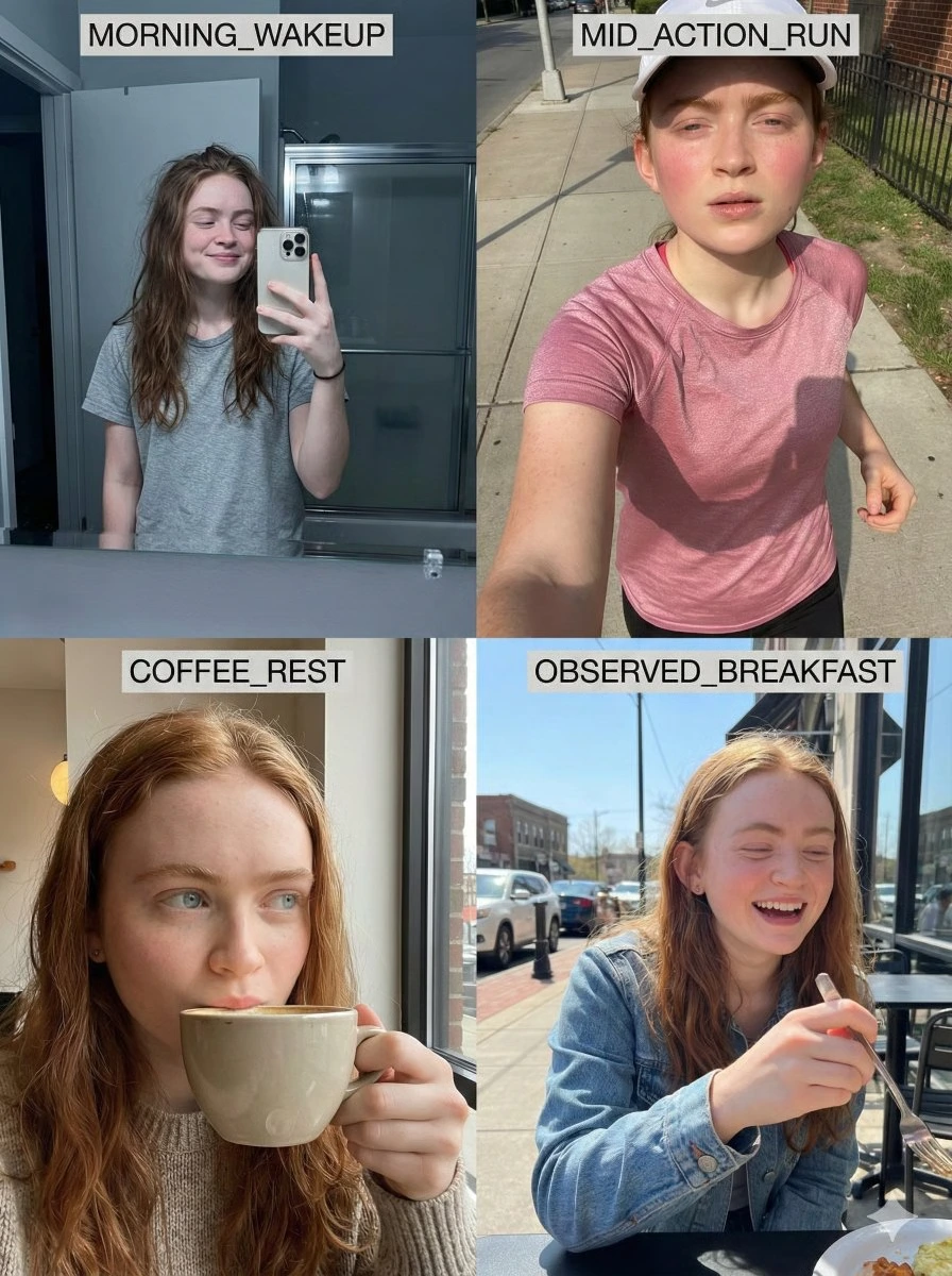 Сетка 8K RAW для ежедневной рутины с сохранением идентичности (Sadie Sink)