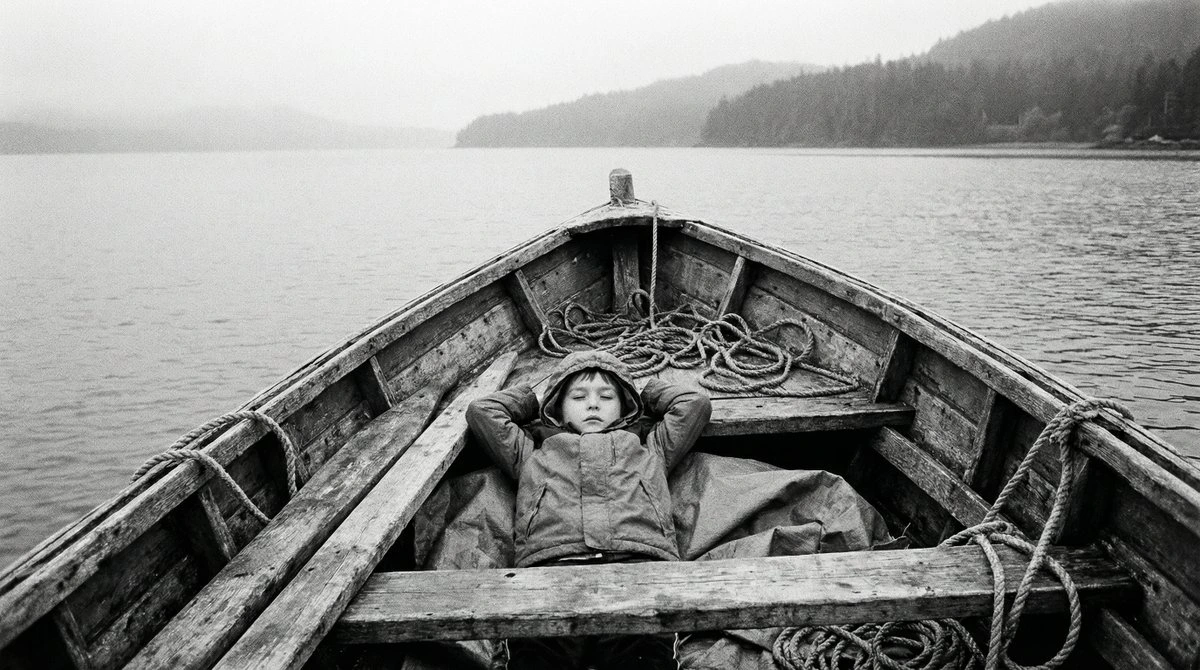 Чёрно-белая документальная фотография ребёнка в лодке