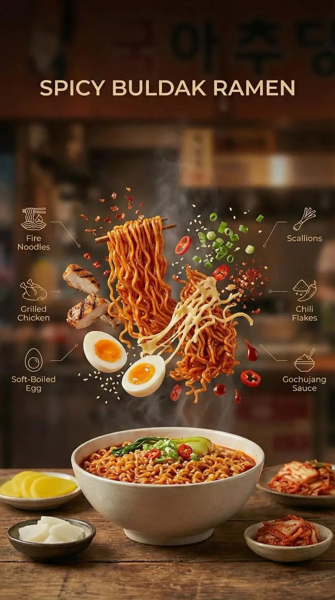 Кинематографический коммерческий кадр деконструированного Buldak Ramen