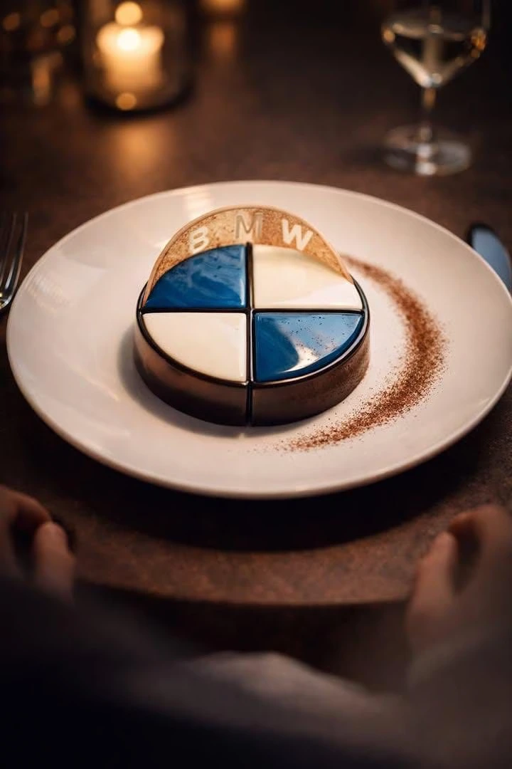 Фуд-фотография изысканного десерта: мусс-торт в форме логотипа BMW