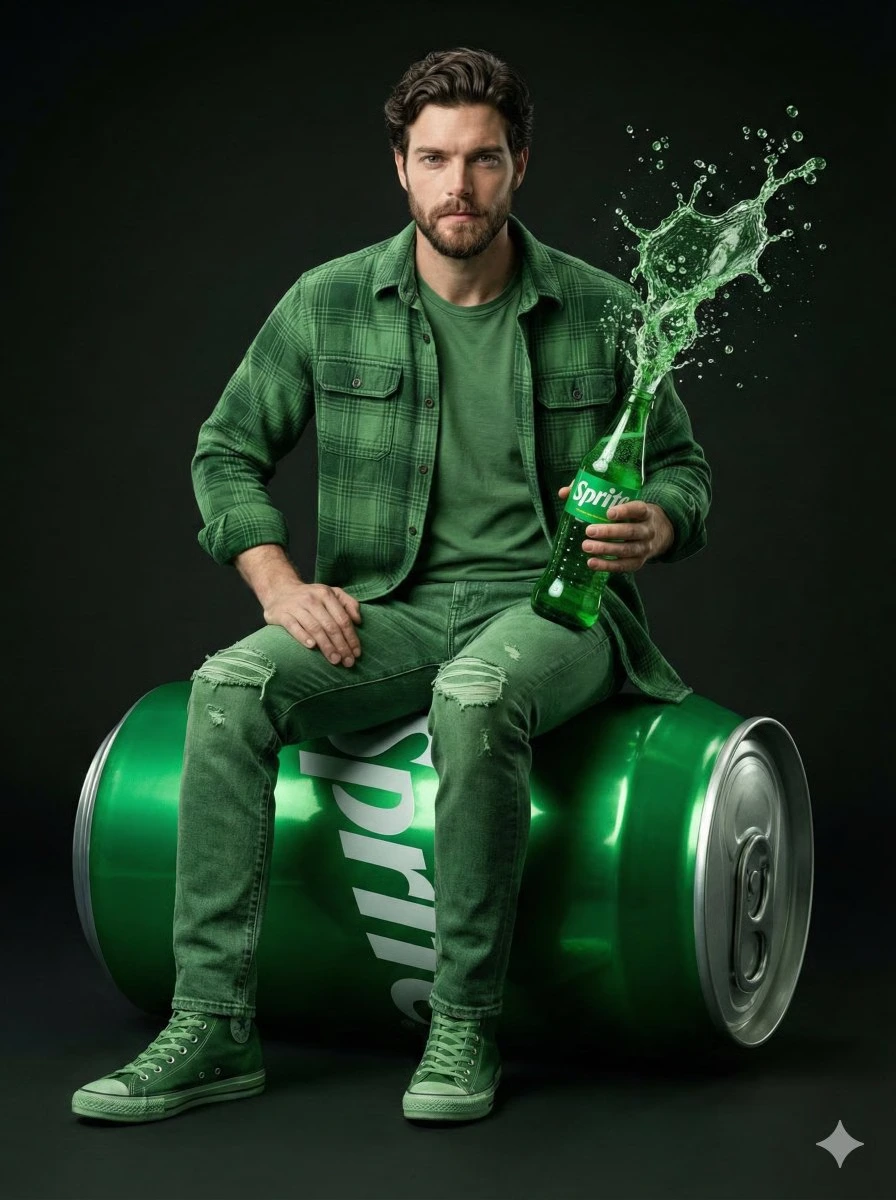 Рекламный кадр гигантской банки Sprite с моделью