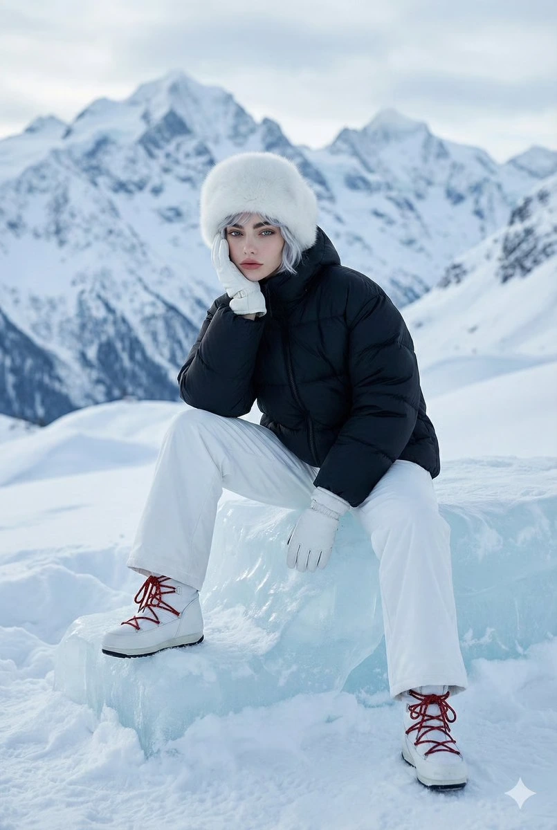 Зимний high-fashion редакционный портрет в альпийской локации