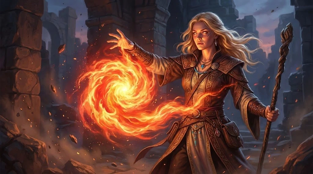 Гиперреалистичная женщина-маг огня D&D