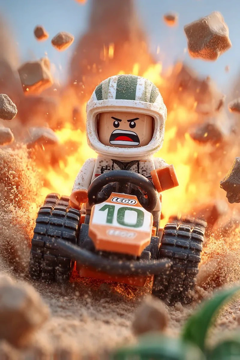 Гонщик Lego на склоне взрывающегося вулкана