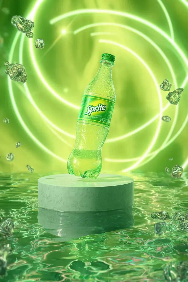Бутылка Sprite с неоновым свечением в космических лепестках