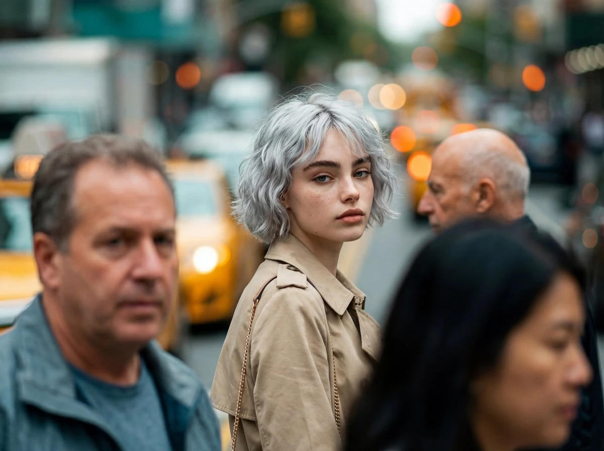 Фотореалистичный candid уличный портрет с экстремальным боке