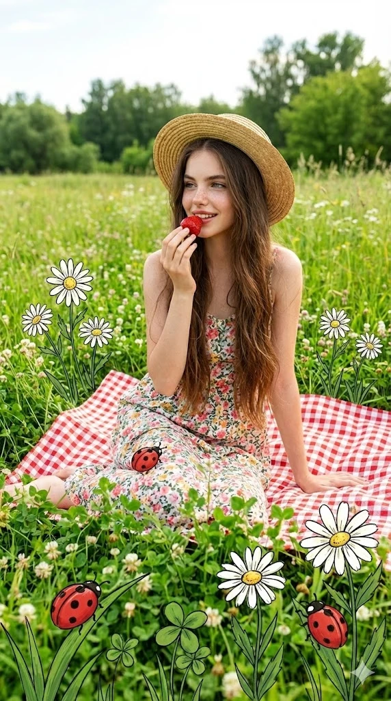 Пикник на лугу с 2D иллюстрациями