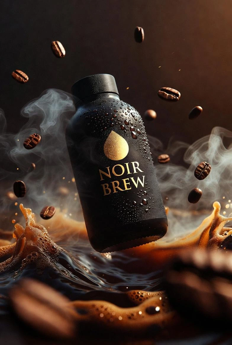 Сверхкинематографическая продуктовая фотография бутылки кофе 'NOIR BREW'