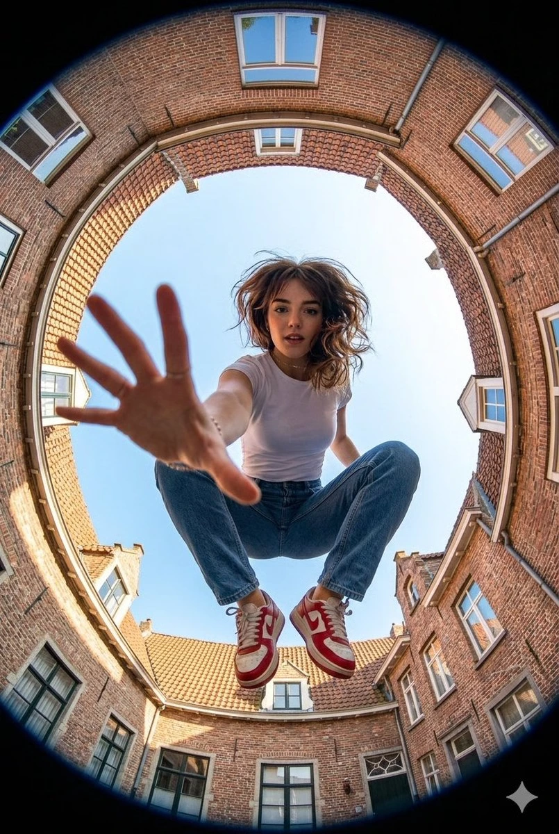 Сверхширокий fisheye-снимок женщины, присевшей в воздухе
