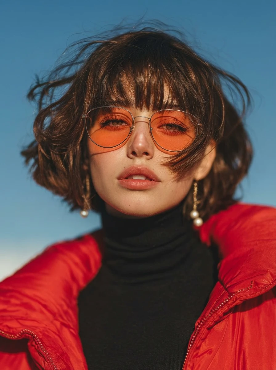 Портрет в красной пуховой куртке в стиле Vogue