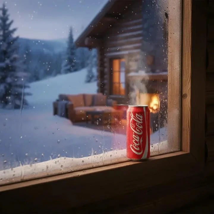 Зимняя сцена у замороженного окна с банкой Coca-Cola