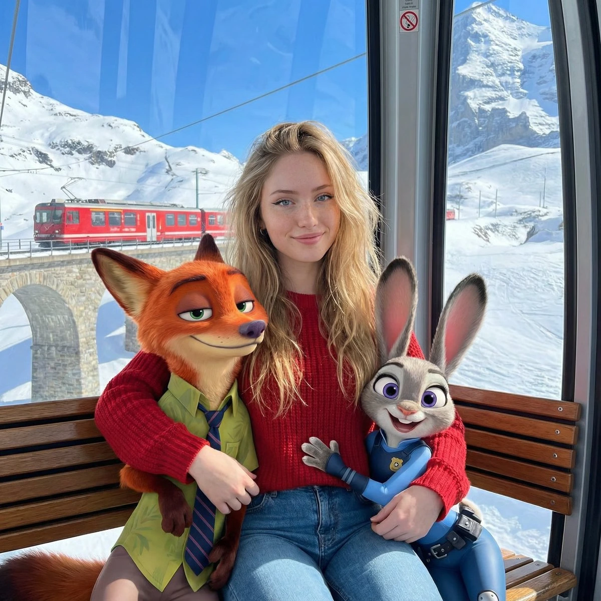 Смешение фотореалистичного человека с персонажами Zootopia в фуникулёре