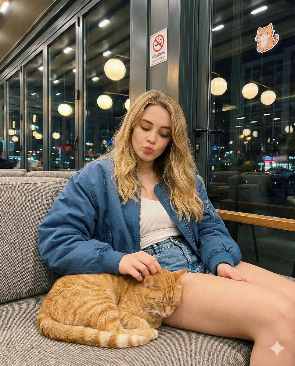 Кандидный снимок в кафе с кошкой