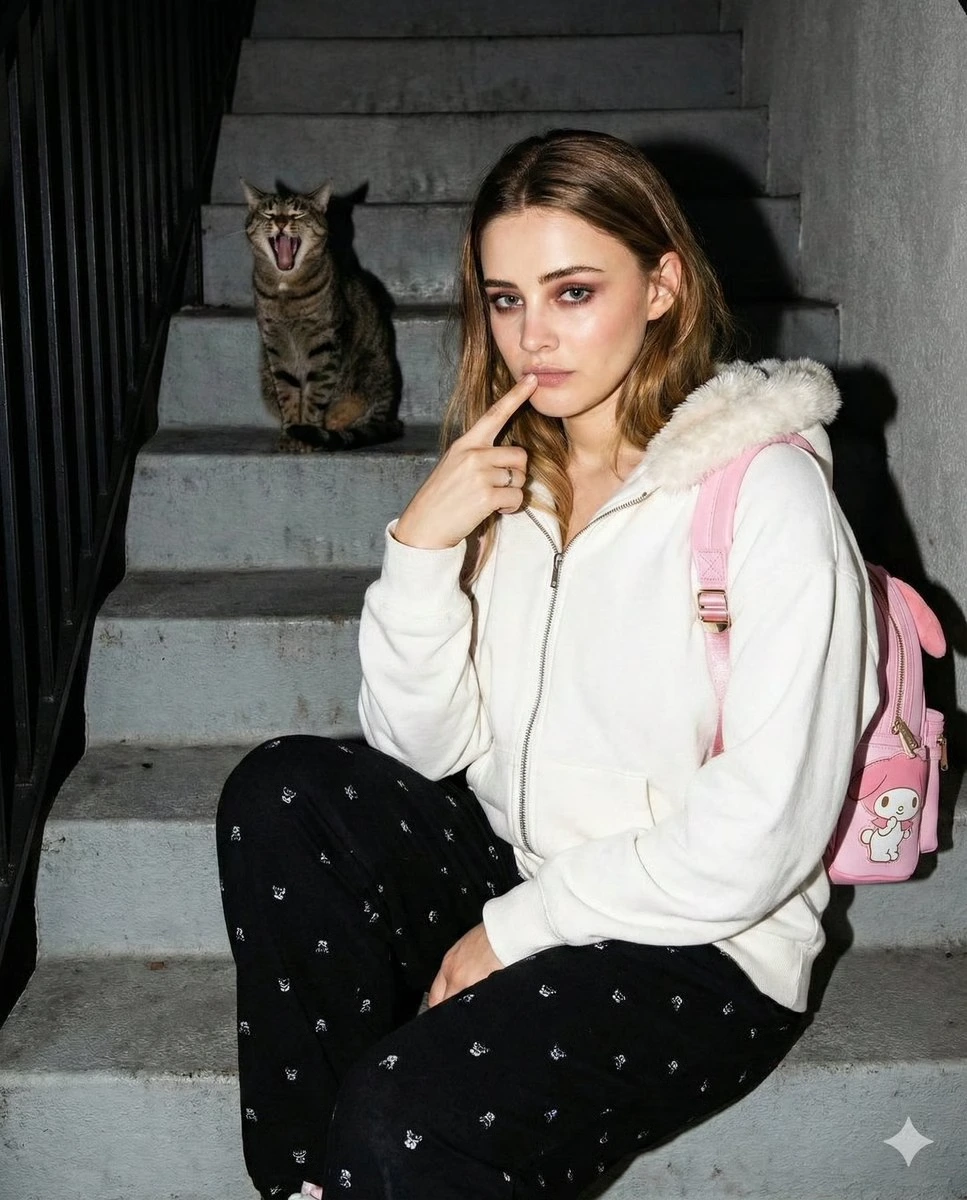 Кандидное фото Gen Z стрит-стайл с скрытой кошкой