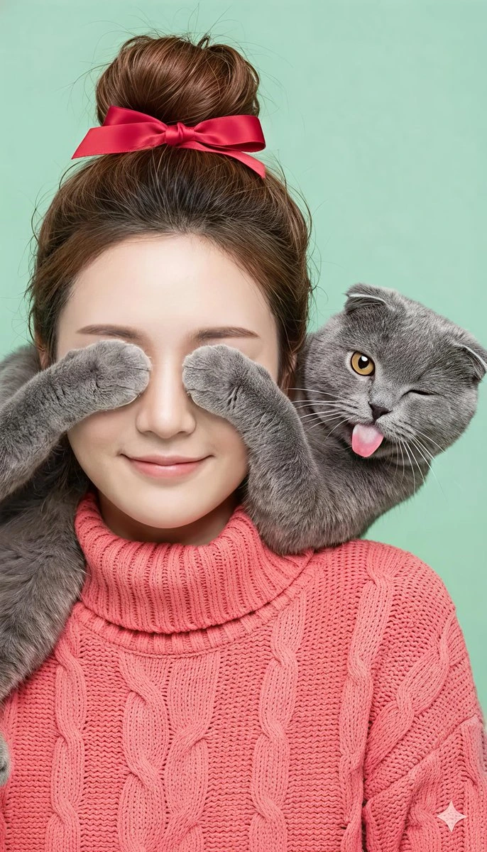 Комичный портрет женщины с подмигивающим котом