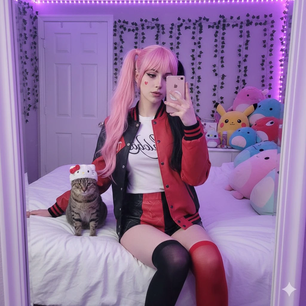 Селфи e-girl в зеркале с котом