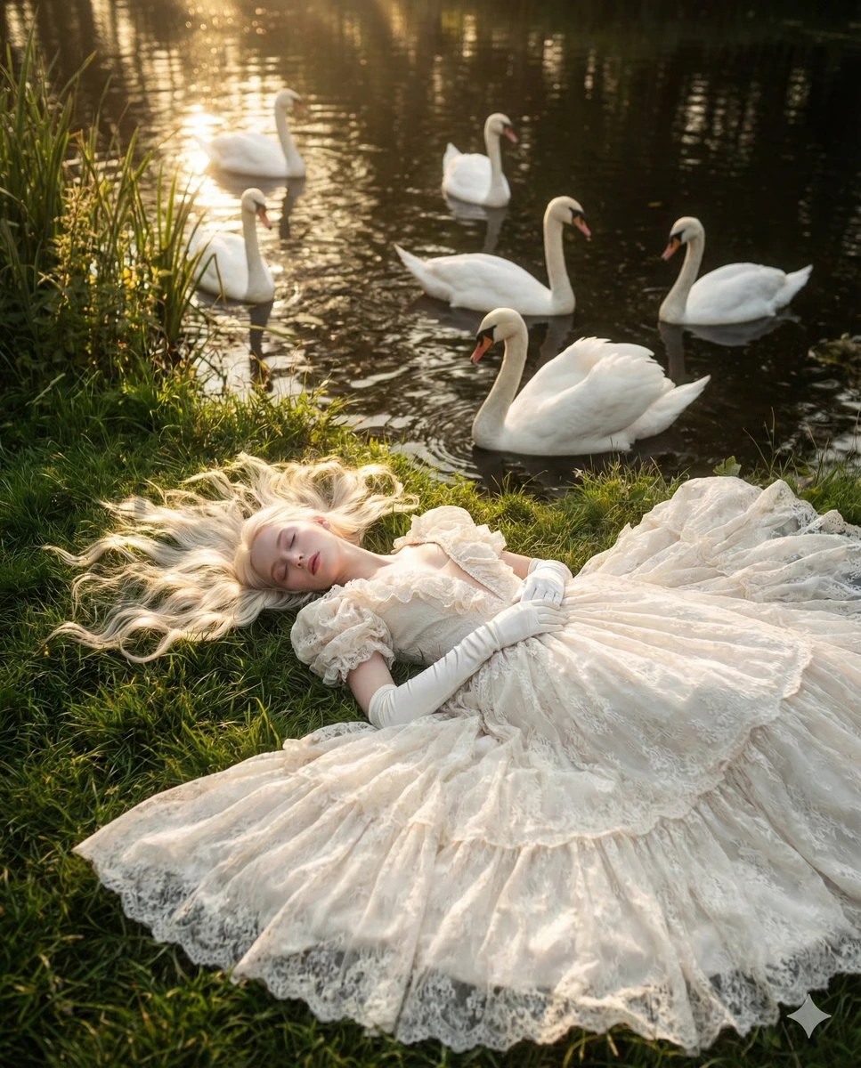 Эфирный фэнтезийный портрет со swanами на золотом часе