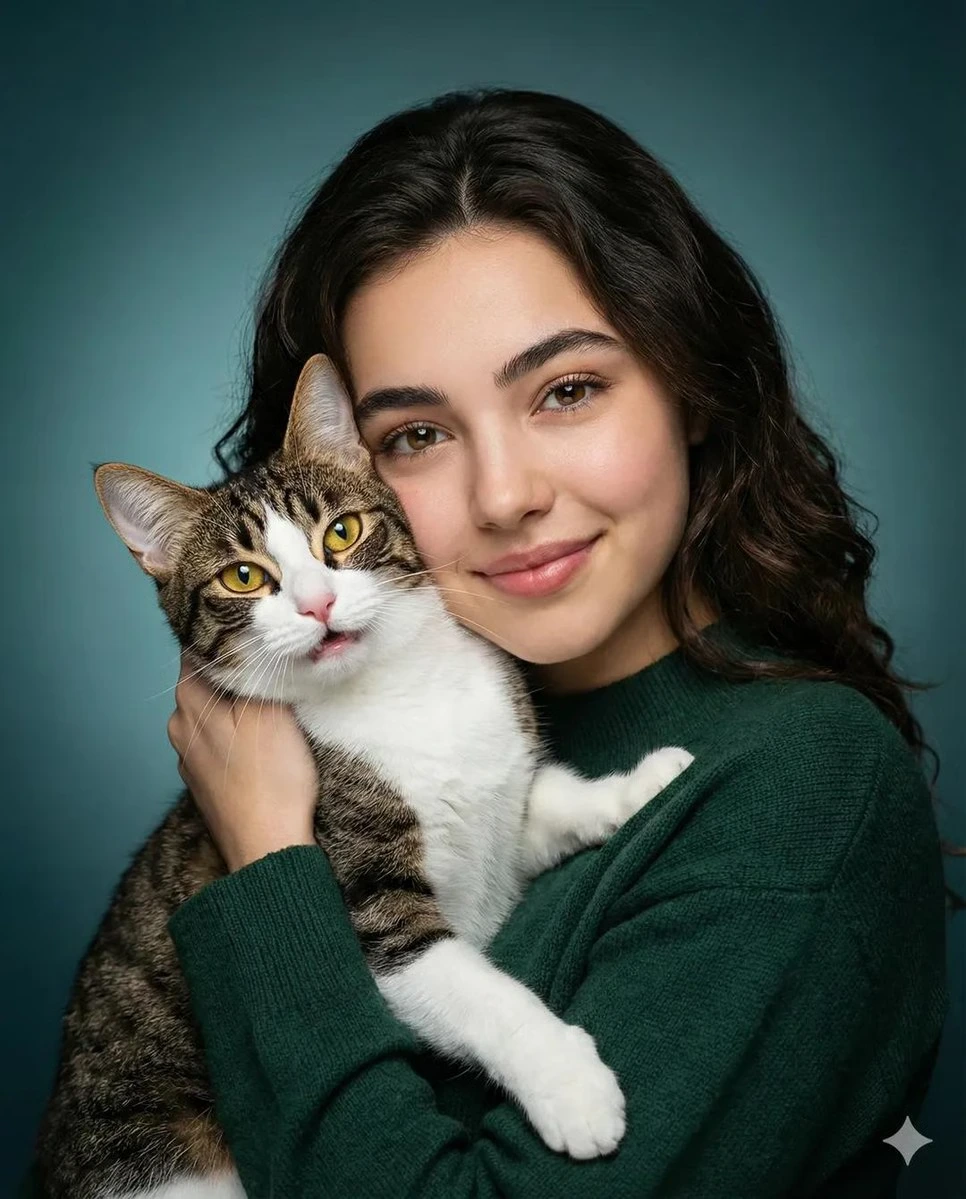 Теплый портрет женщины и кота