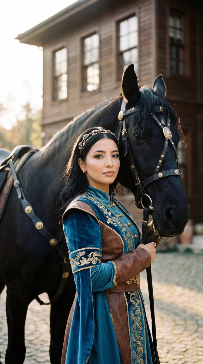 Фотореалистичная историческая турчанка с чёрным конём