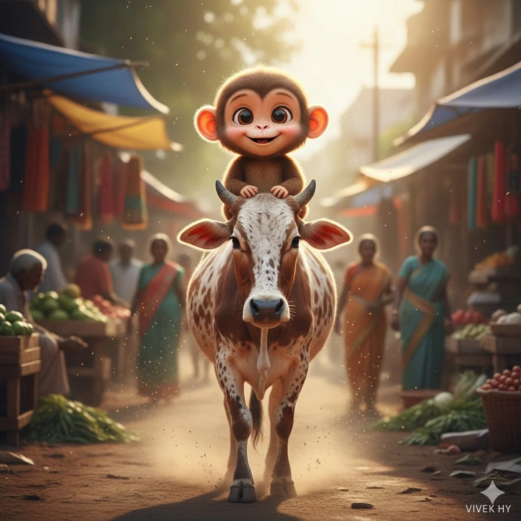 Игривая сюрреалистичная деревенская сцена: обезьяна на корове