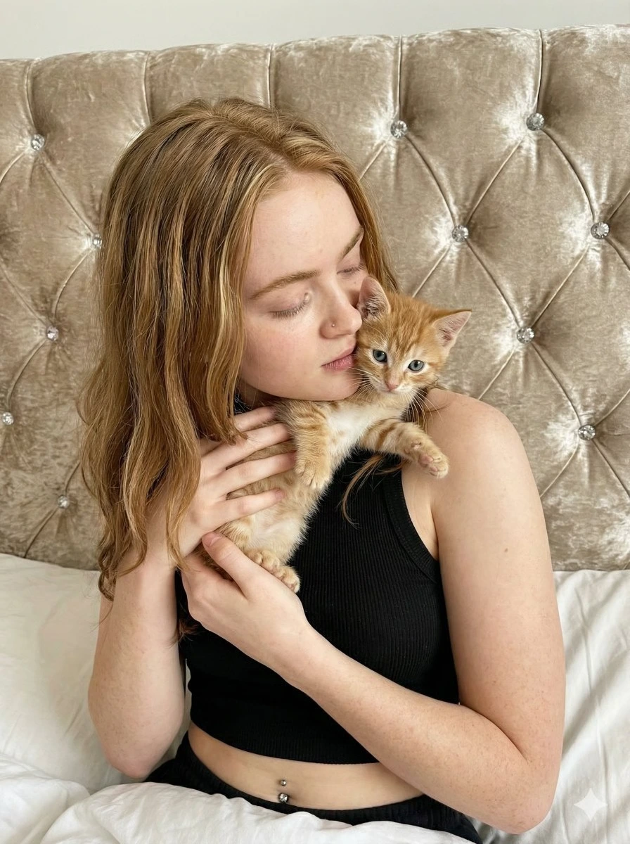Нежный портрет женщины, трущейся о котёнка