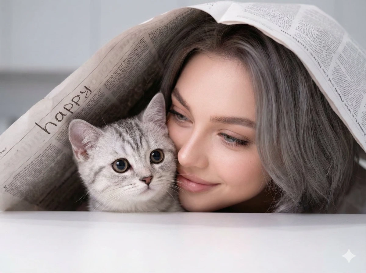 Тёплый портрет женщины и котёнка под бумагой
