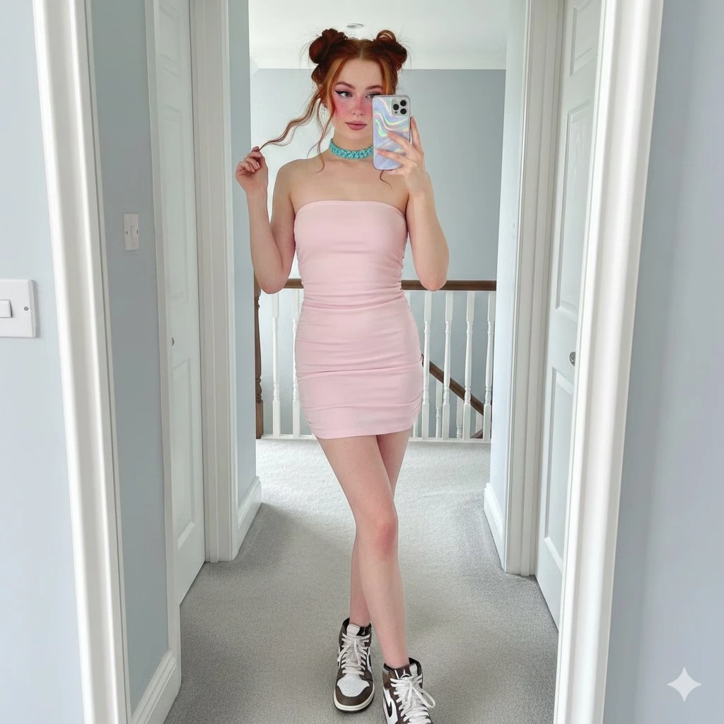 Зеркальное E-girl селфи Сэди Синк с детализированным JSON-промптом