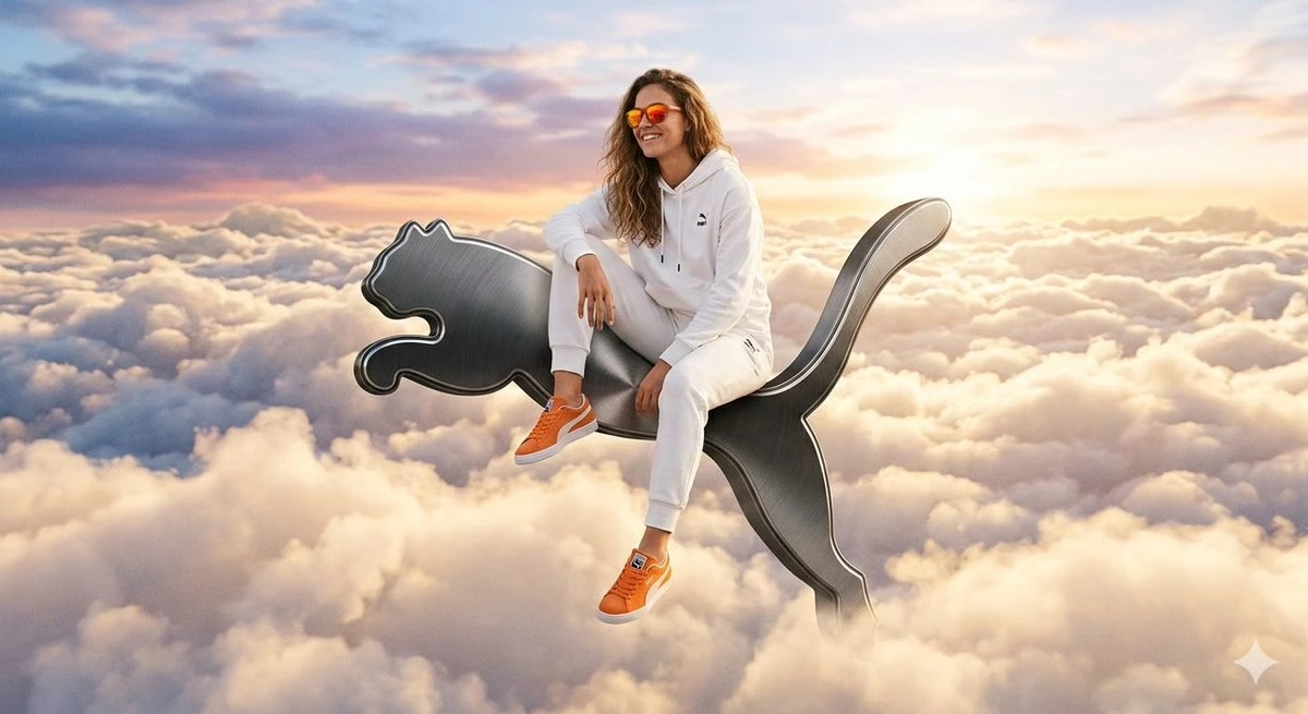 Сюрреалистическая высокомодная реклама на парящем логотипе Puma