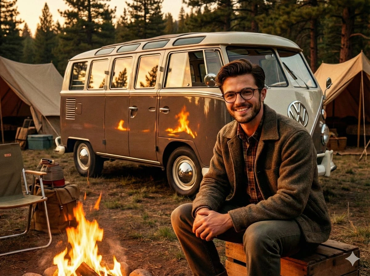 Портрет в духе американы 1950-х с VW Samba Bus у кемпинга