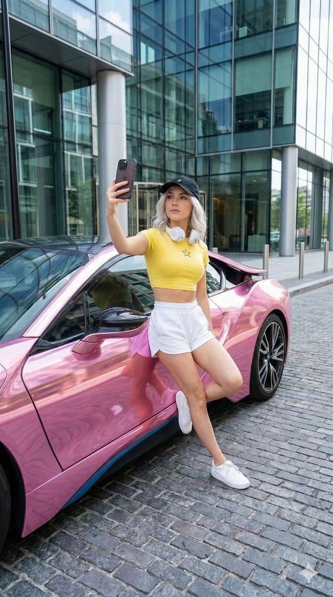 Селфи главной героини с розовым BMW i8