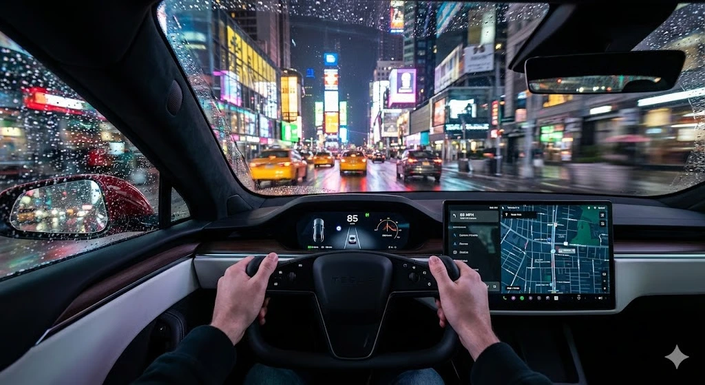 Кинематографическая поездка на Tesla в дождливом Манхэттене