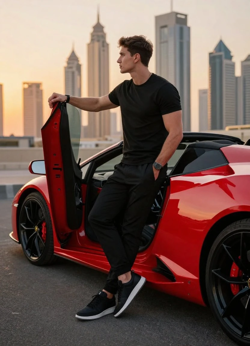 Кинематографический портрет с Lamborghini на закате в Дубае