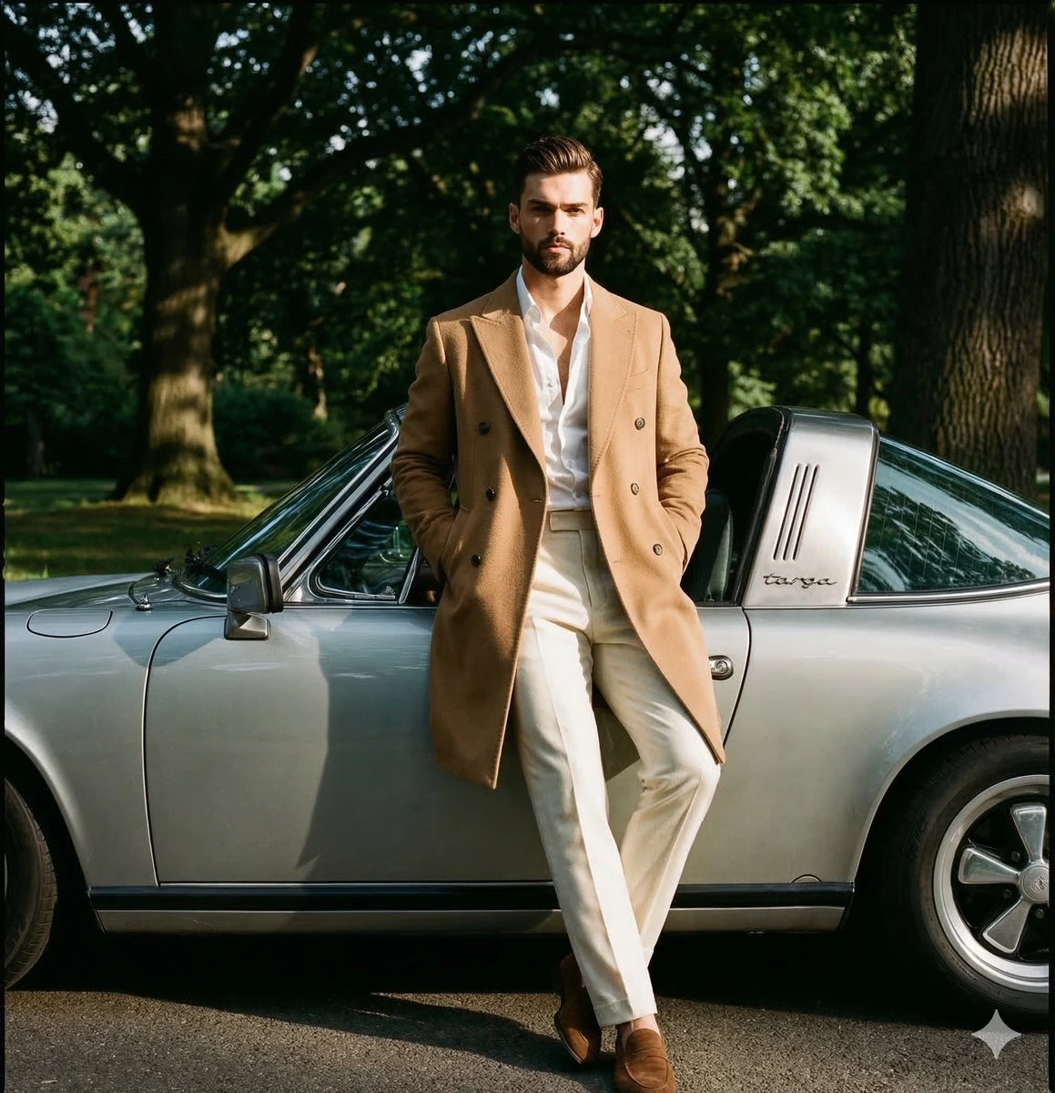 Редакционное фото мужчины с винтажным Porsche