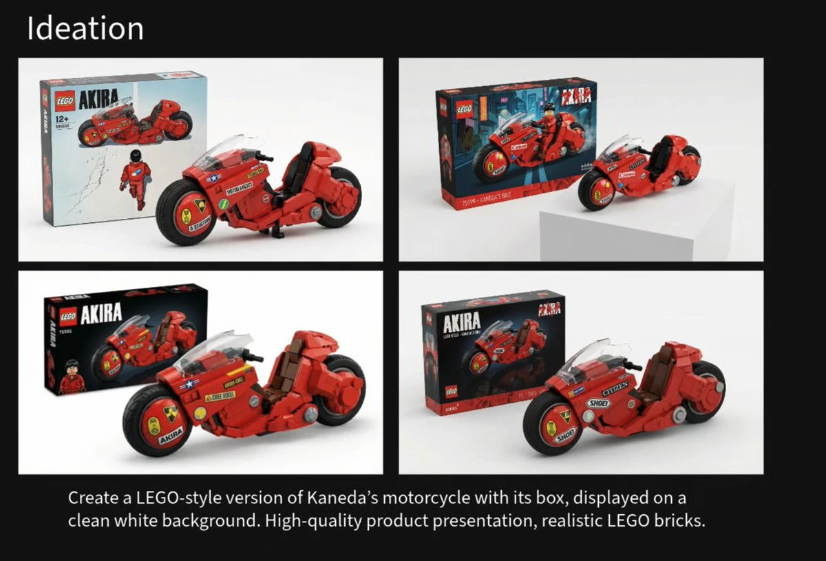 Промпт для продуктового фото мотоцикла Канэды в стиле LEGO