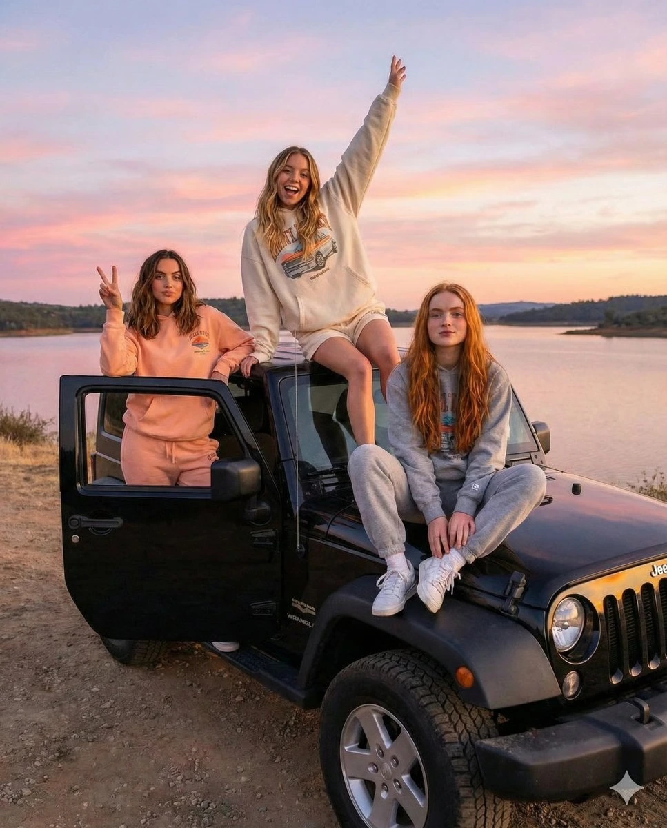 Эстетика дорожного трипа с тремя девушками и Jeep