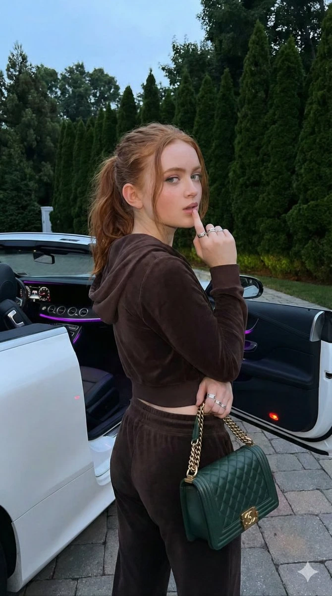 Кинематографический вечерний портрет Sadie Sink с люксовым авто