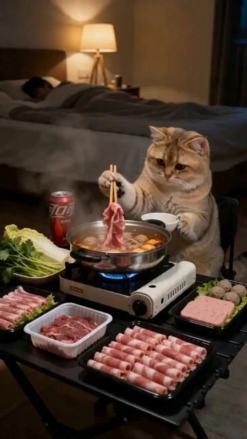 Пухлый золотой британский короткошёрстный кот ест китайскую еду