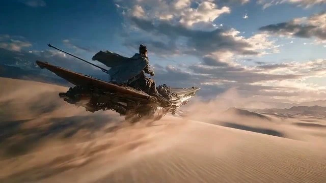 Киберпанк-уся воин на рыбацкой лодке в пустыне